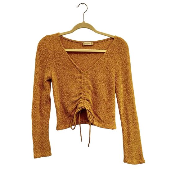 Altar'd State Cropped Sweater Mustard Yellow Long Sleeve V-Neck Pullover Large - Picture 1 of 9